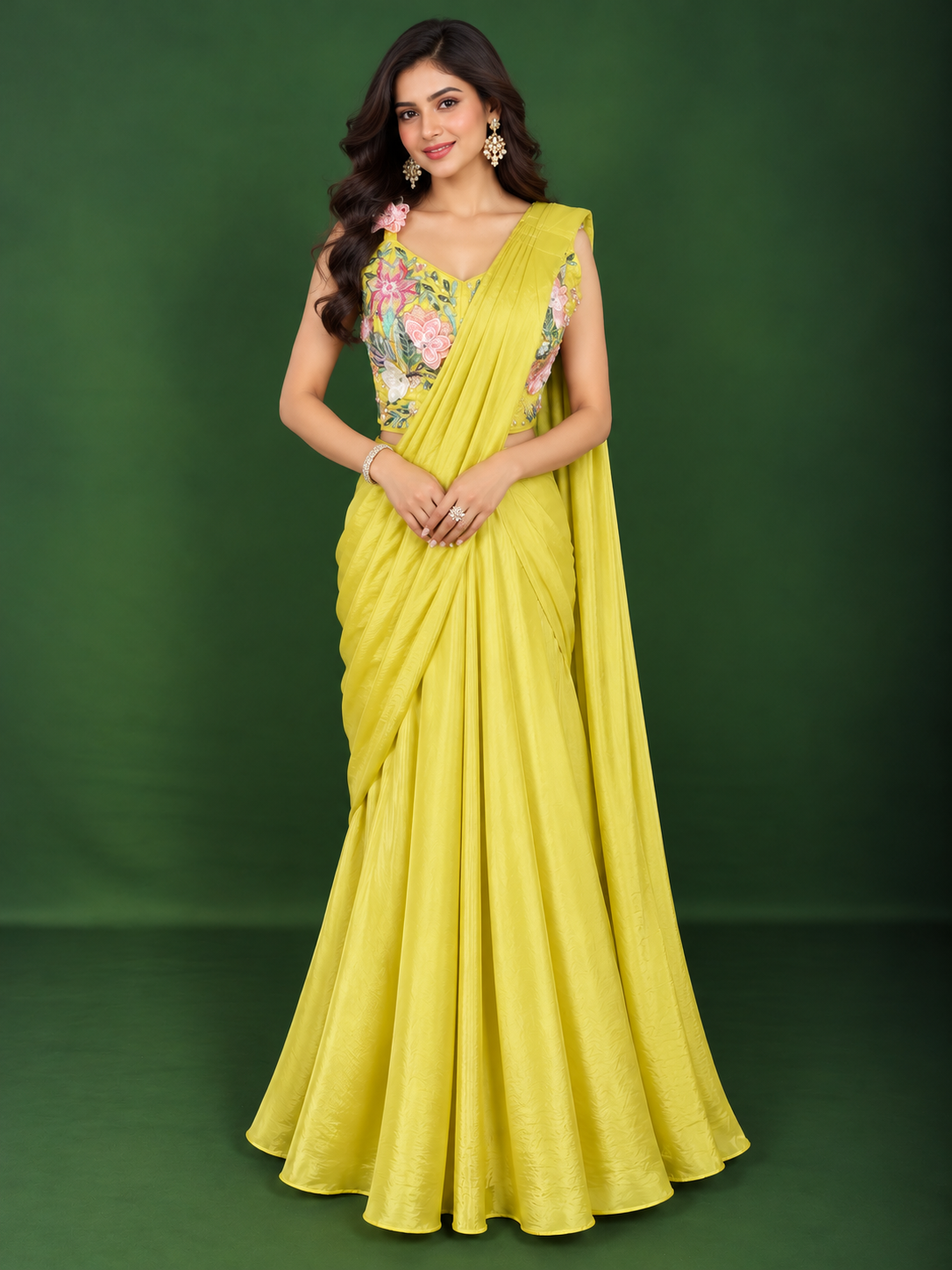 Bright Lemon Yellow Multicolor Floral Sequins and Thread Embroidered Design Crepe Fancy Wear Palazzo Suit  with Matching Draped Dupatta