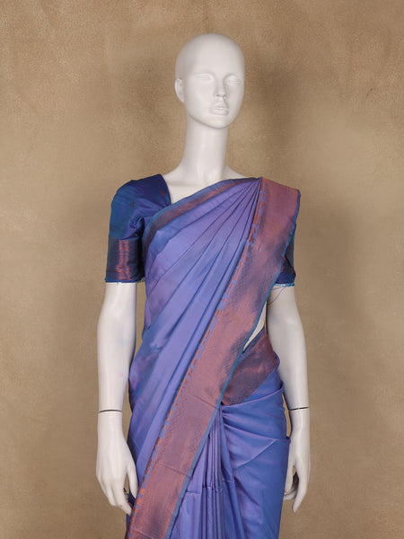 Bright Lilac Plain Semi Silk Saree with Contrast Copper Zari Border - Diadem