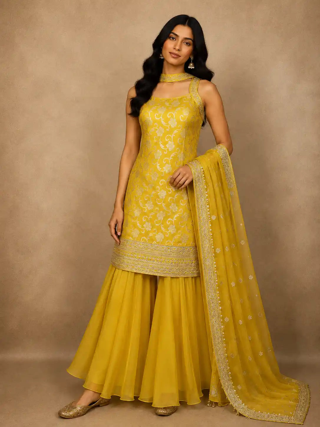 Bright Marigold Yellow Floral Zari Woven Design Banarasi Silk Palazzo Suit with Choker Dupatta