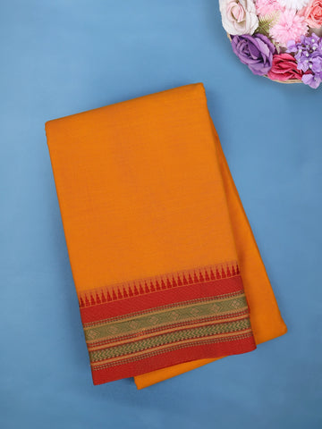 Bright Mustard Yellow Cotton Saree with Red Tribal Woven Border - Diadem