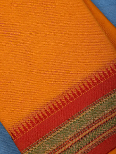 Bright Mustard Yellow Cotton Saree with Red Tribal Woven Border - Diadem