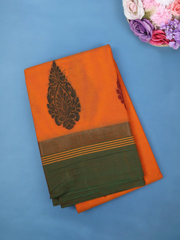 Bright Orange Paisley Design Cotton Saree with Green Woven Border - Diadem