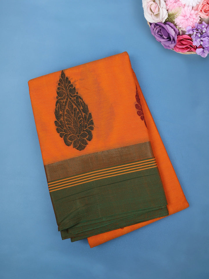 Bright Orange Paisley Design Cotton Saree with Green Woven Border - Diadem