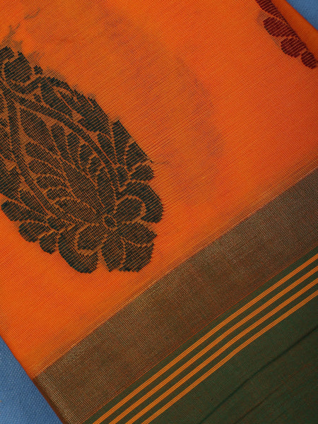 Bright Orange Paisley Design Cotton Saree with Green Woven Border - Diadem