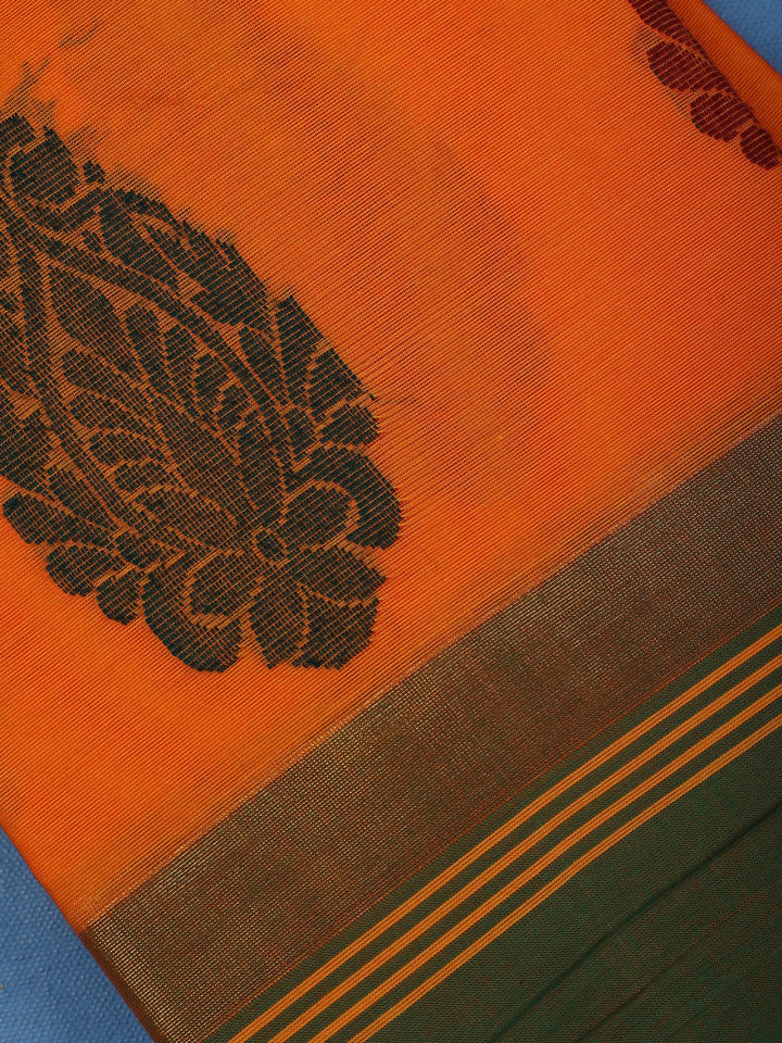 Bright Orange Paisley Design Cotton Saree with Green Woven Border - Diadem