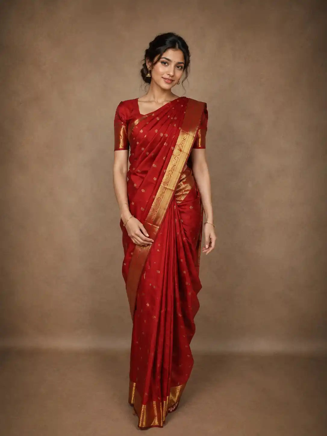 Bright Red Floral Butta Woven Design Pure Kanchipuram Silk Saree with Paisley Zari Border