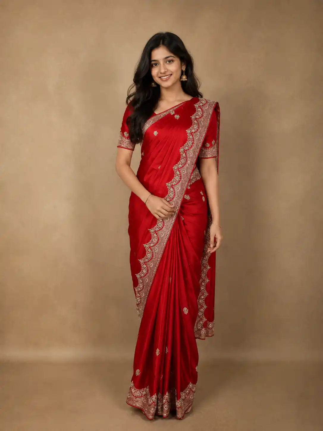 Bright Red Floral Heavy Sequins and Beads Embroidered Design Satin Designer Saree