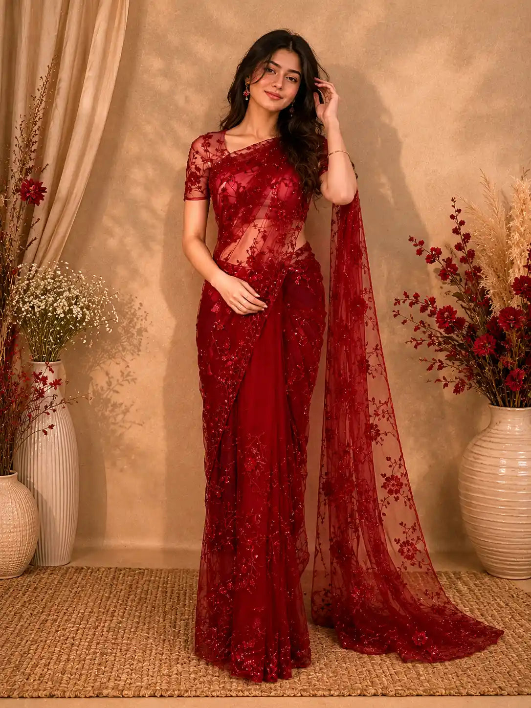 Bright Red Floral Sequins  and Beads Embroidered Design Net Designer Saree