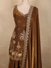 Bronze Brown Floral and Palm Tree Embroidered Design Organza Palazzo Suit with Dupatta
