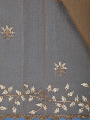 Brown Floral Embroidered Tissue Saree with Scalloped Border - Diadem