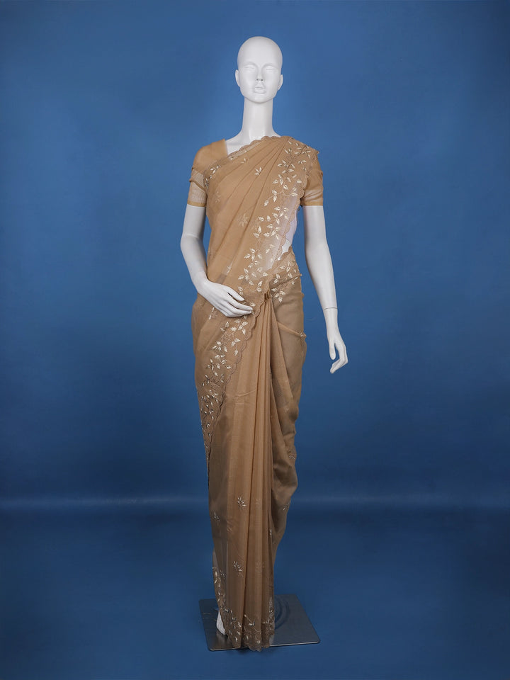 Brown Floral Embroidered Tissue Saree with Scalloped Border - Diadem