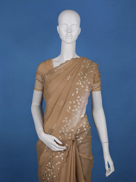 Brown Floral Embroidered Tissue Saree with Scalloped Border - Diadem
