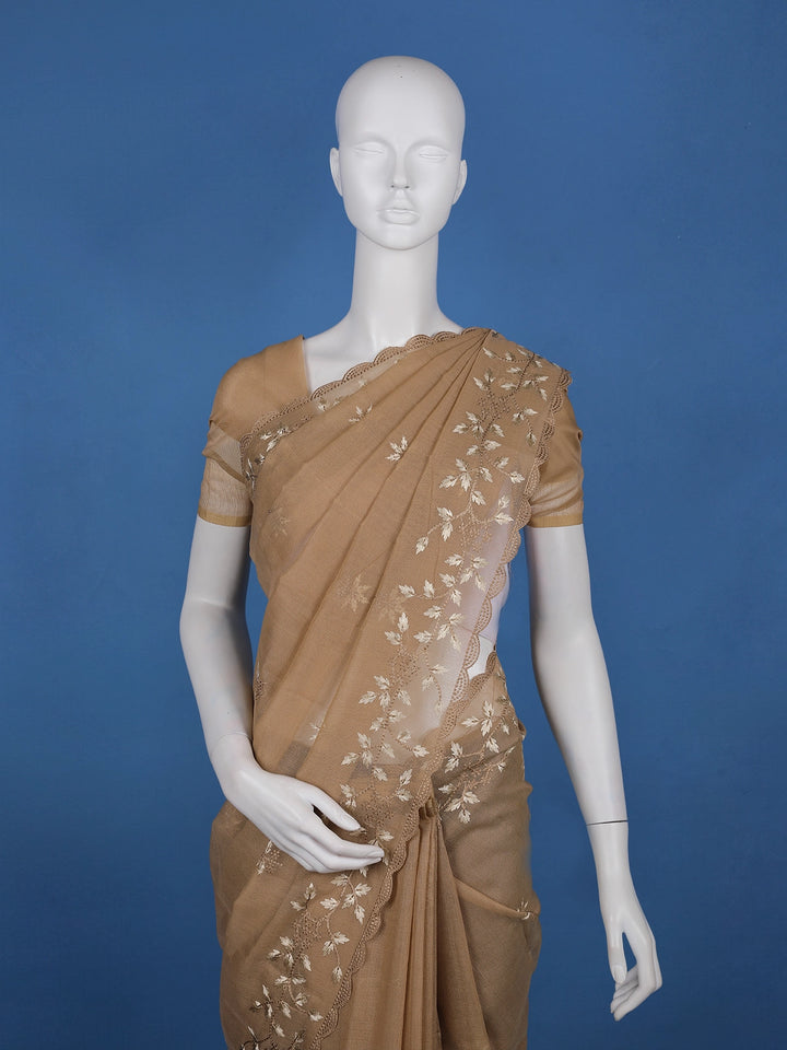 Brown Floral Embroidered Tissue Saree with Scalloped Border - Diadem