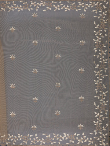Brown Floral Embroidered Tissue Saree with Scalloped Border - Diadem