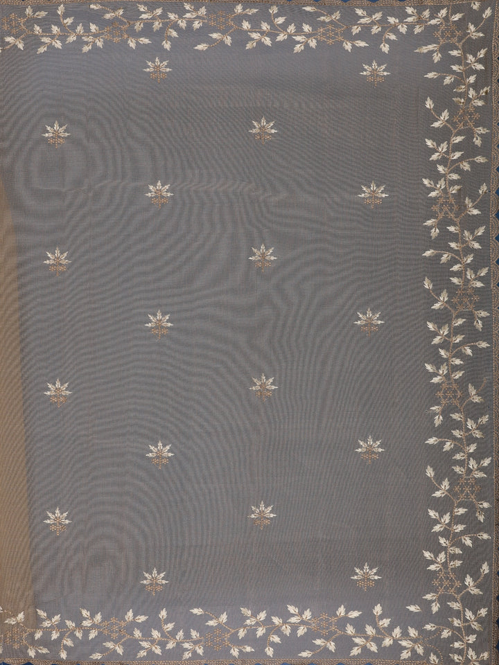 Brown Floral Embroidered Tissue Saree with Scalloped Border - Diadem