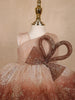 Brown Floral Glitter Design Party Wear Net Frock With Oversized Bow