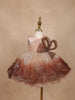 Brown Floral Glitter Design Party Wear Net Frock With Oversized Bow