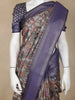 Brown Floral Printed Design Semi Tussar Saree with Blue Border