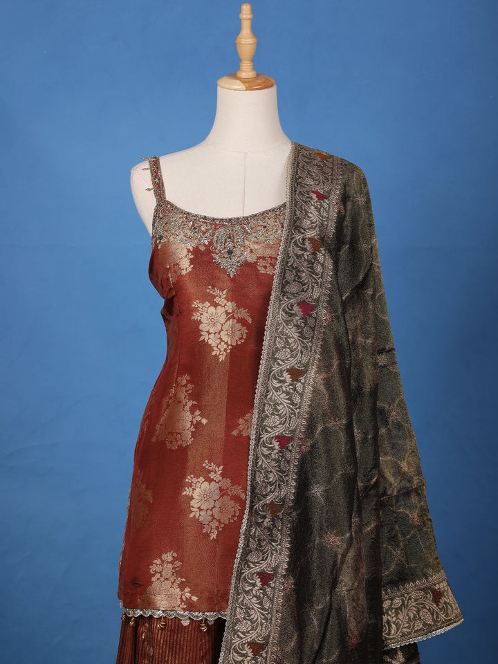 Copper Brown Floral Woven Banarasi Silk Sharara Set - Diadem
