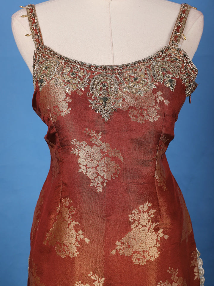 Copper Brown Floral Woven Banarasi Silk Sharara Set - Diadem