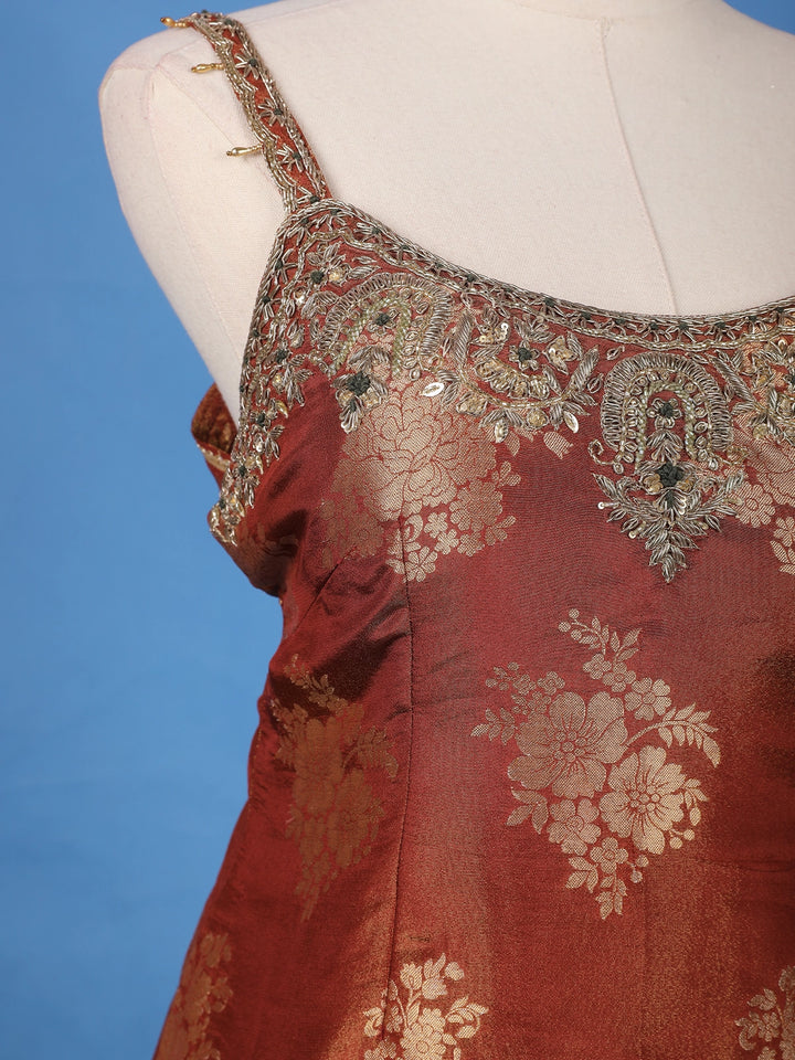 Copper Brown Floral Woven Banarasi Silk Sharara Set - Diadem