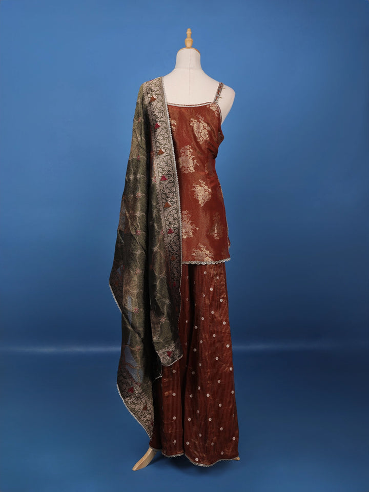 Copper Brown Floral Woven Banarasi Silk Sharara Set - Diadem