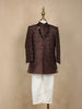 Brown Geometric Embroidered Kids Semi Silk Sherwani Set with White Pants