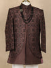 Brown Geometric Embroidered Kids Semi Silk Sherwani Set with White Pants