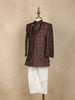 Brown Geometric Embroidered Kids Semi Silk Sherwani Set with White Pants