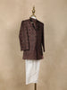 Brown Geometric Embroidered Kids Semi Silk Sherwani Set with White Pants