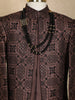 Brown Geometric Embroidered Kids Semi Silk Sherwani Set with White Pants