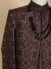 Brown Geometric Embroidered Kids Semi Silk Sherwani Set with White Pants