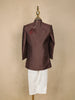 Brown Geometric Embroidered Kids Semi Silk Sherwani Set with White Pants
