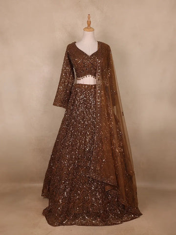 Brown Sequins Embroidered Net Lehenga Set With Dupatta - Diadem
