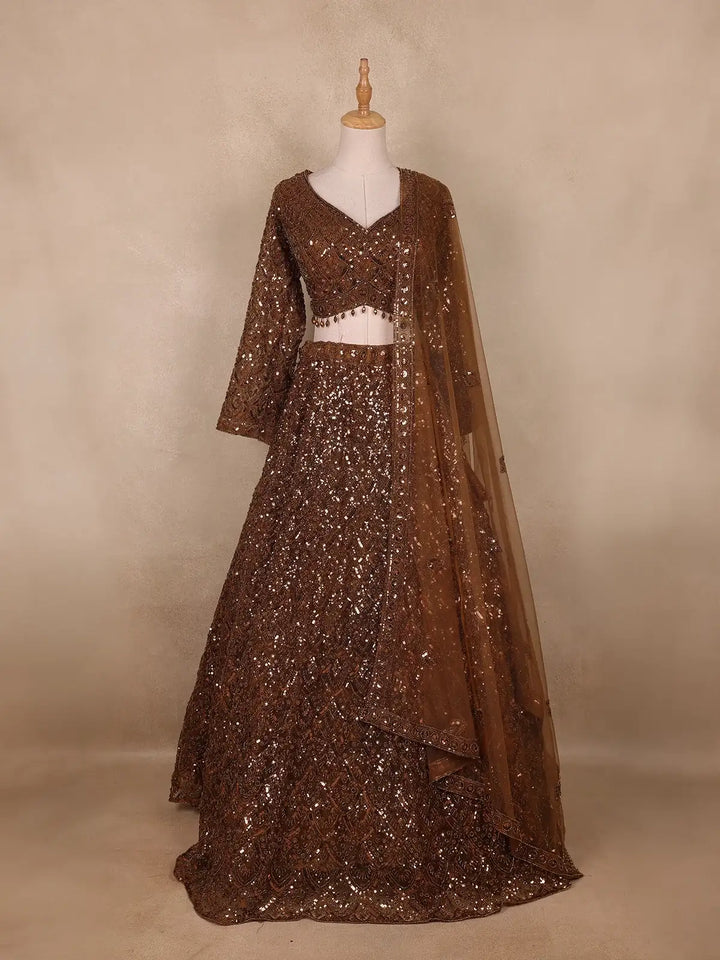 Brown Sequins Embroidered Net Lehenga Set With Dupatta - Diadem