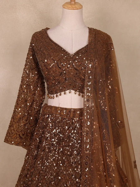 Brown Sequins Embroidered Net Lehenga Set With Dupatta - Diadem