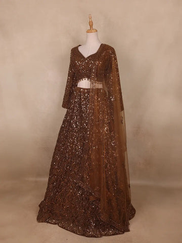 Brown Sequins Embroidered Net Lehenga Set With Dupatta - Diadem
