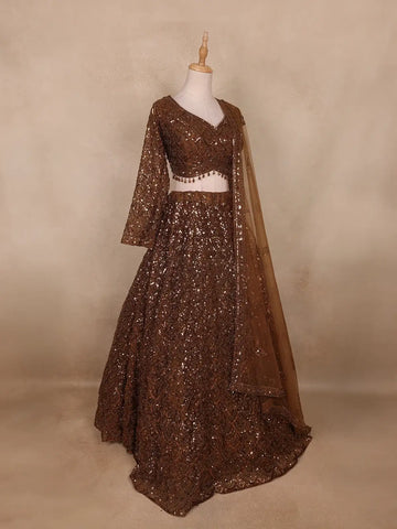 Brown Sequins Embroidered Net Lehenga Set With Dupatta - Diadem