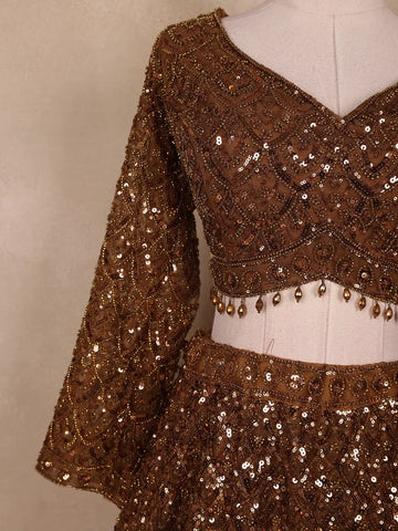 Brown Sequins Embroidered Net Lehenga Set With Dupatta - Diadem