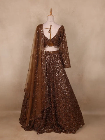 Brown Sequins Embroidered Net Lehenga Set With Dupatta - Diadem