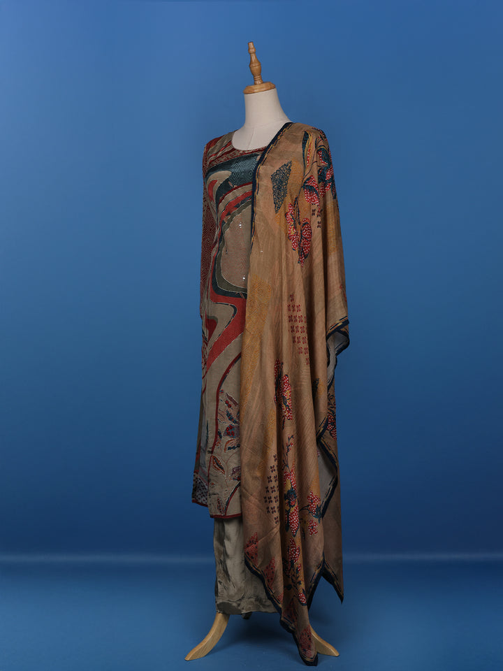 Brown Abstract Prints Crepe Straight Cut Salwar Suit - Diadem