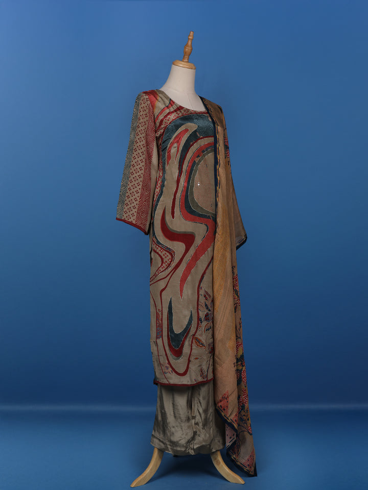 Brown Abstract Prints Crepe Straight Cut Salwar Suit - Diadem