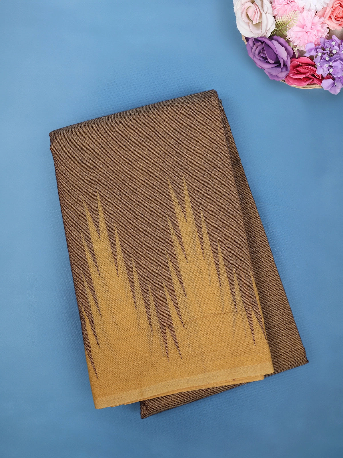 Brown Cotton Saree with Beige Dual-Tone Ikat Design Border - Diadem