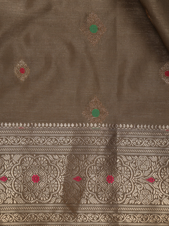 Brown Floral Butta Woven Pure Kanchipuram Silk Saree - Diadem