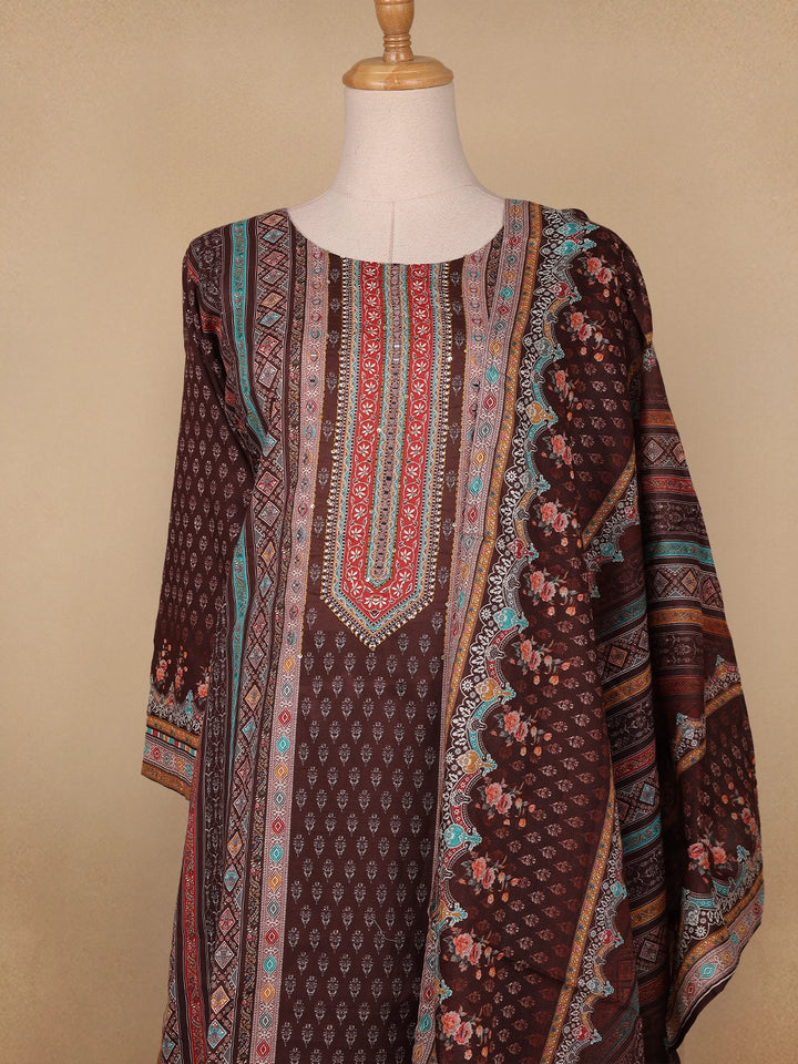 Brown Floral Designed Cotton Salwar Suit - Diadem