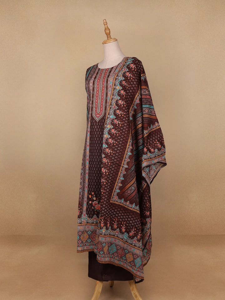 Brown Floral Designed Cotton Salwar Suit - Diadem