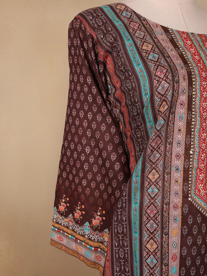 Brown Floral Designed Cotton Salwar Suit - Diadem