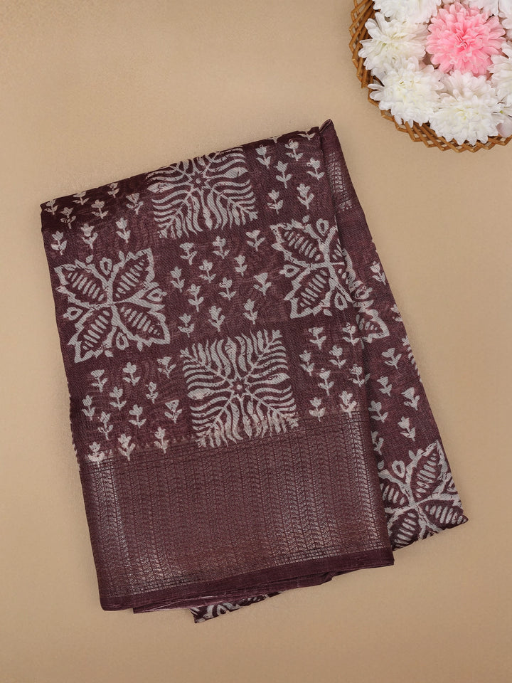 Brown Floral Designed Fancy Cotton Saree - Diadem