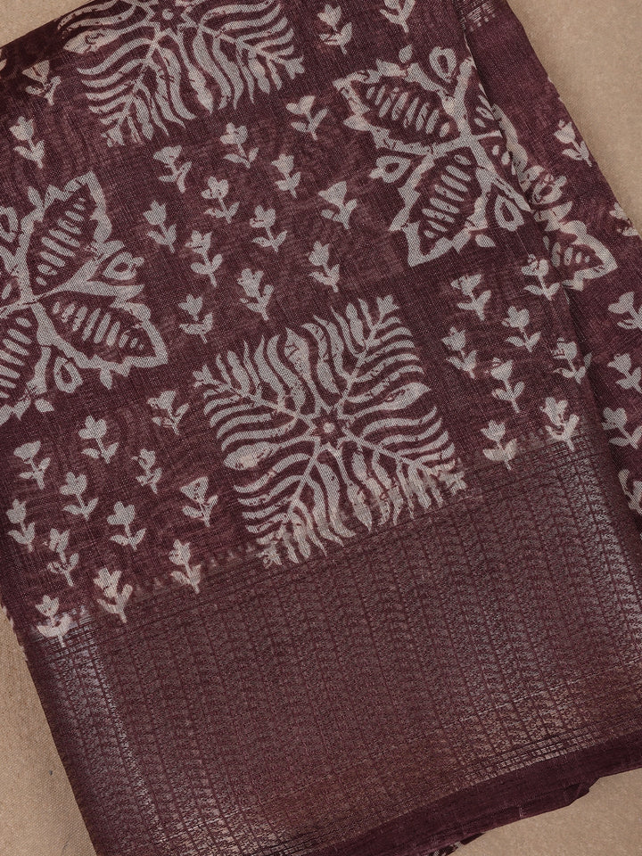 Brown Floral Designed Fancy Cotton Saree - Diadem