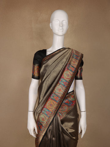 Brown Floral Design Print Silk Saree - Diadem